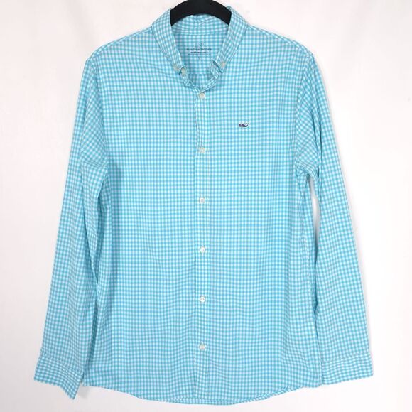 Vineyard Vines Performance Women’s L (16) Shirt Gingham Check Turquoise Aqua - Picture 1 of 9